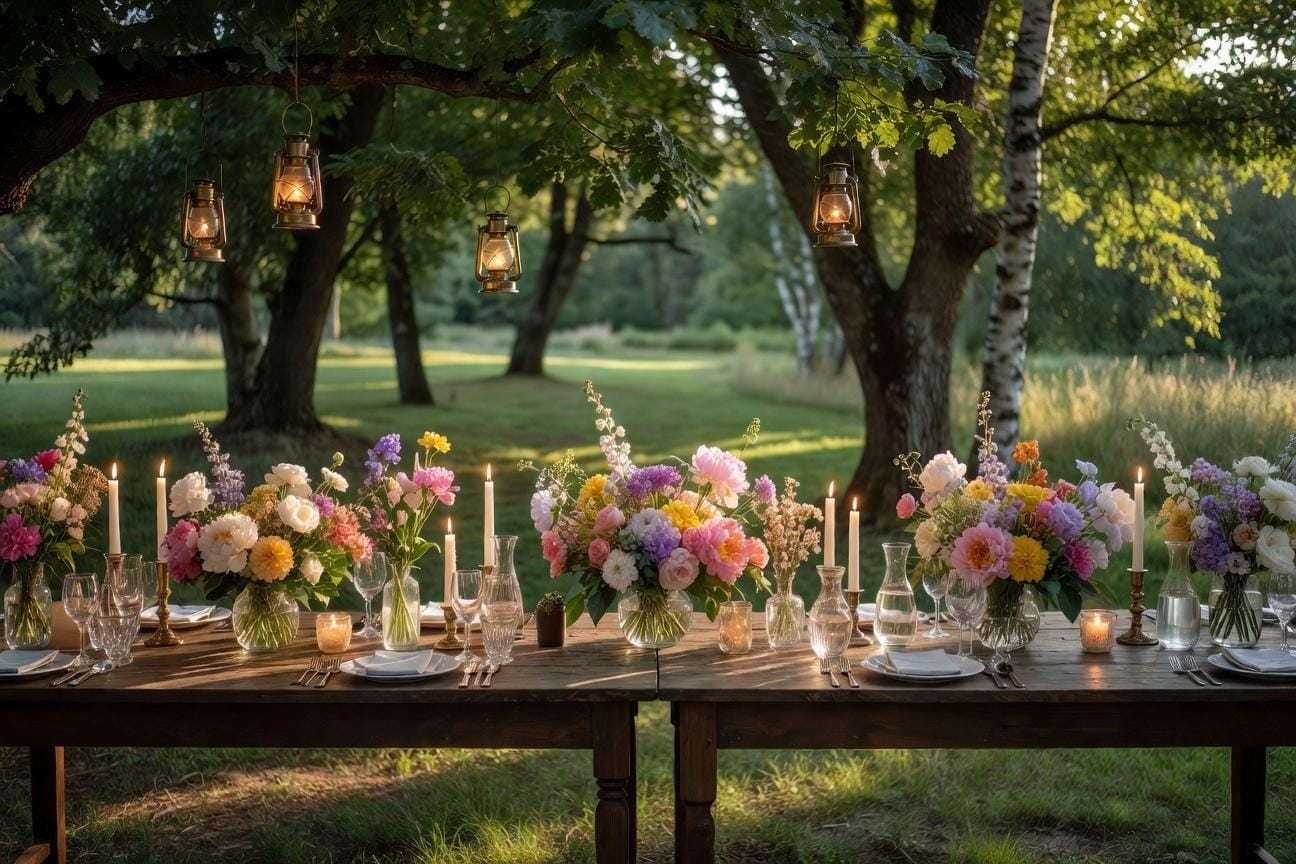 Wesele w stylu garden party: wazony, świece i szkło na świeżym powietrzu